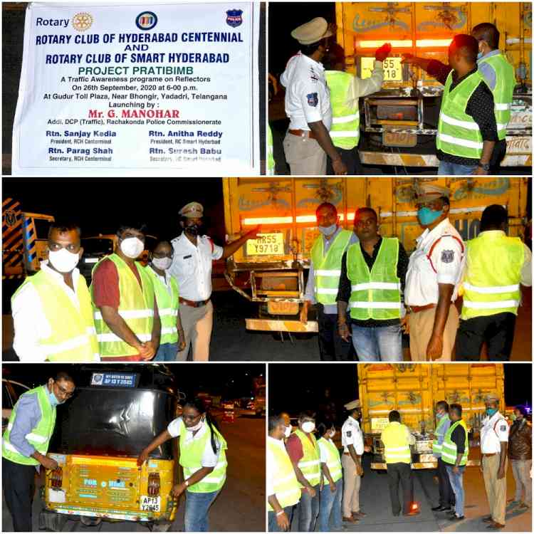 Reflectors importance and awareness drive carried out by Rotarians in association with traffic police