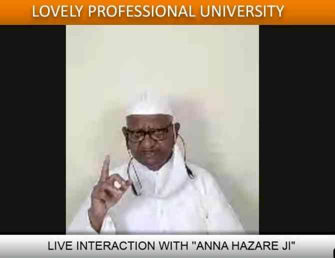 Veteran social activist Padma Bhushan Anna Hazare interacts with LPU students