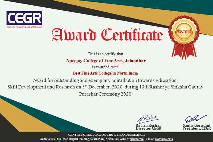 Apeejay College of Fine Arts felicitated with honour of being Best Fine Arts College in North India 