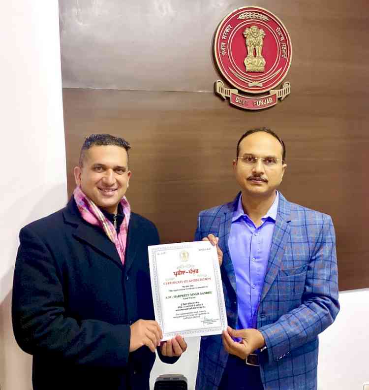 City lawyer conferred certificate of appreciation by Ludhiana Administration