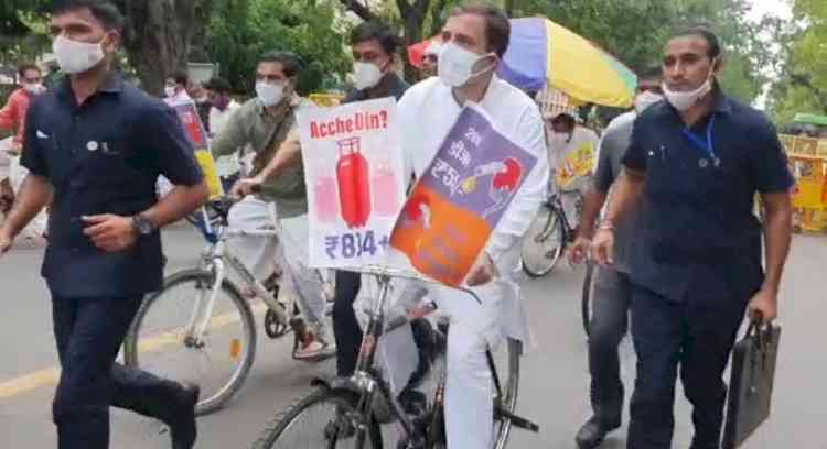 Rahul Gandhi rides bicycle to Parliament to protest fuel hike