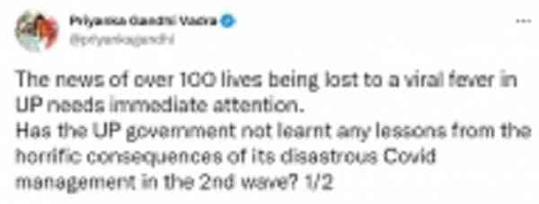 Priyanka expresses concern over viral fever deaths in UP
