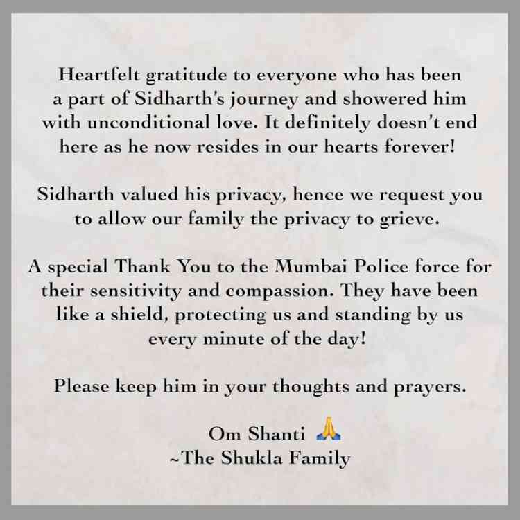 Sidharth's family issues appeal: 'Respect our privacy'