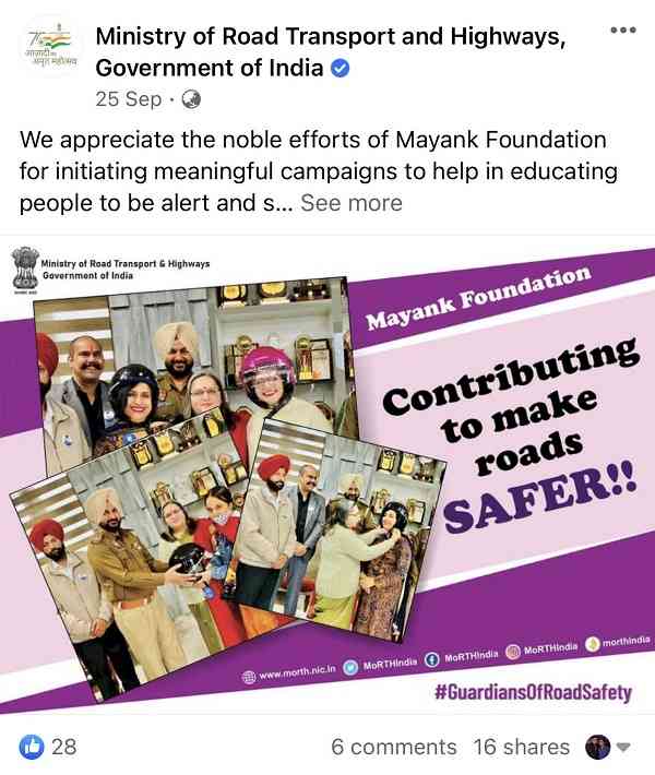 Mayank Foundation invited by Ministry of Road Transport and Highways to attend national- level webinar on road safety