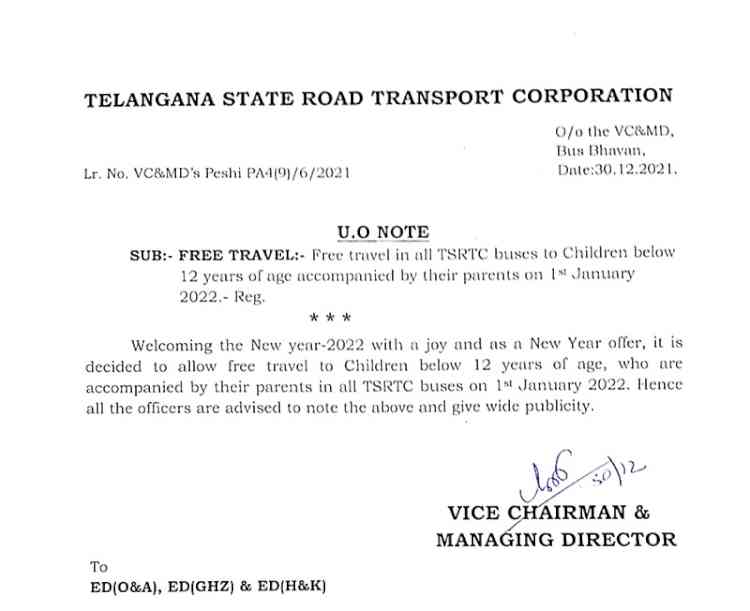 Free travel to children below 12 years on 1st January, 2022