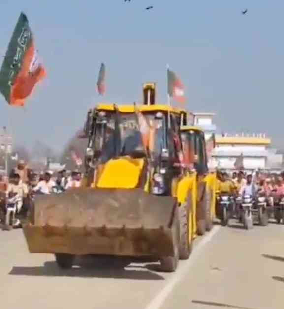BJP workers celebrate by crushing bicycles with bulldozer in UP