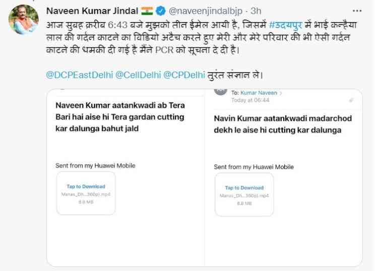 Naveen Kumar Jindal threatened with Udaipur horror-like fate
