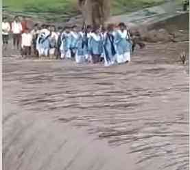 Students have to cross flooded bridge to reach school in MP