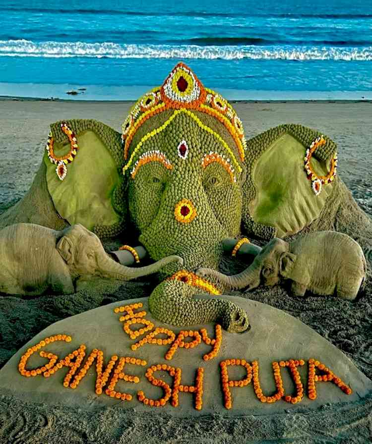 Odisha sand artist Sudarsan creates Ganesh sculpture at Puri beach