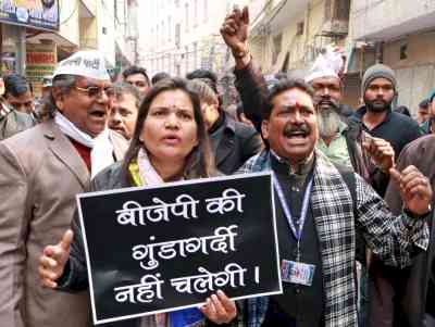 AAP stages protest outside BJP MLA Abhay Verma's house