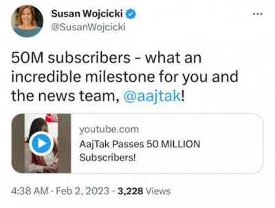 CEO Susan Wojcicki congratulates Aaj Tak on becoming world's most subscribed YouTube channel