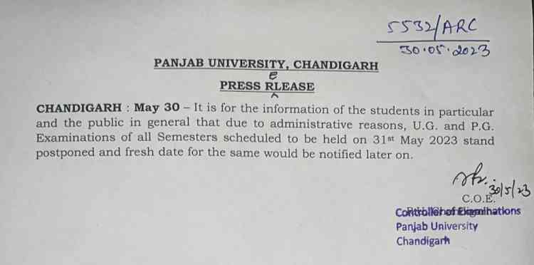 UG and PG examinations of all semesters scheduled to be held on 31st May 2023 stand postponed 