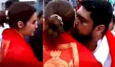 Netizens rap 'Adipurush' director for kissing Kriti on the cheek at Tirupati temple
