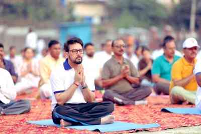 Anurag Thakur performs yoga in hometown Hamirpur