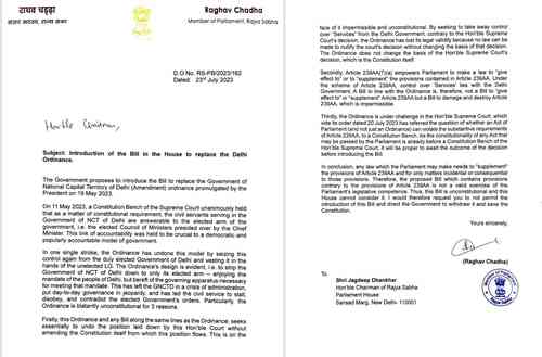 Chadha writes to RS Chairman opposing Bill replacing Delhi Ordinance