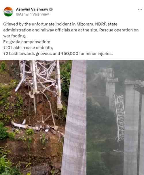 Railway Minister announces Rs 10 L ex-gratia for bridge collapse victims in Mizoram