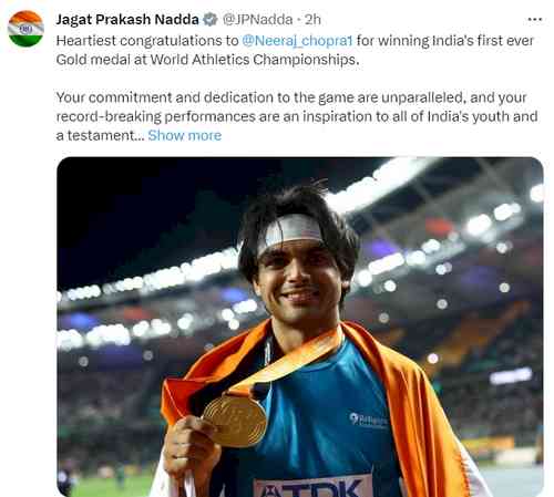 Nadda congratulates Neeraj Chopra for winning gold at World Athletics Championships
