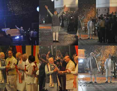 PM Modi arrives at BJP headquarters, accorded warm welcome