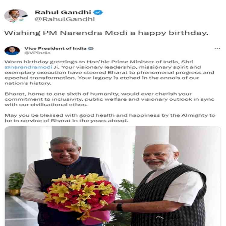 V-P Dhankhar, Rahul greet PM Modi on his 73rd birthday