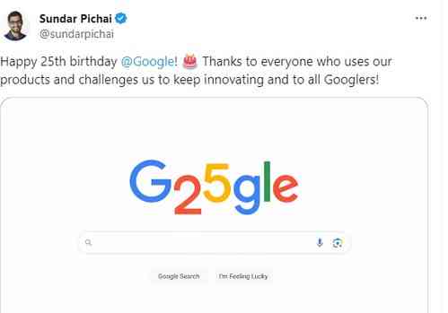 Google turns 25, Pichai shares Doodle thanking firms' product users