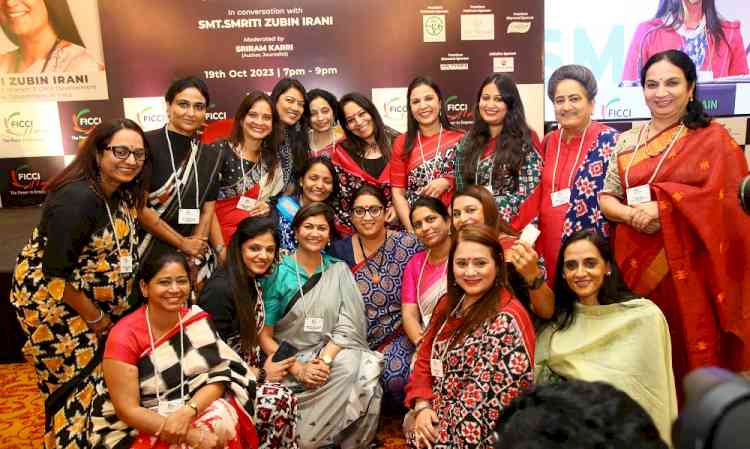 Union Minister Smriti Irani speaks to FLO members on the Future Role of Women in India