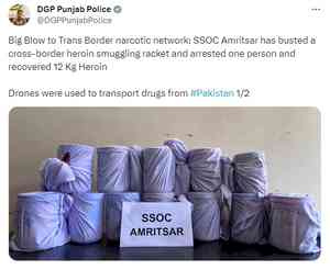 12 kg heroin, smuggled from Pak through drone, seized in Punjab