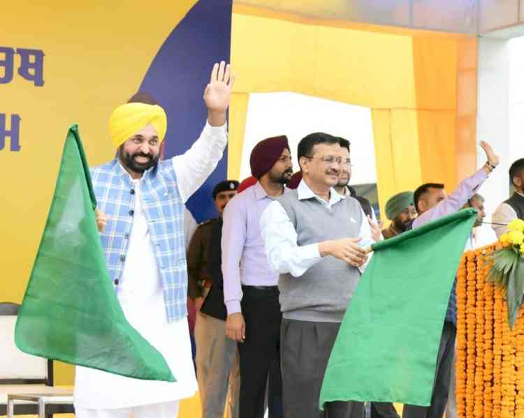 CM Bhagwant Mann and Delhi CM Arvind Kejriwal launch Mukh Mantri Tirath Yatra Scheme in Punjab