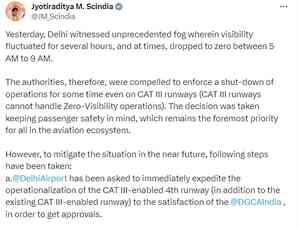 'Unprecedented fog compelled shutdown for some time', says Scindia on Delhi airport chaos