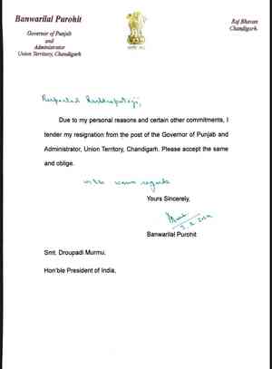 Punjab Governor Purohit resigns for personal reasons