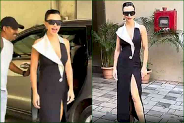 Amy Jackson makes a statement in black as she poses for shutterbugs