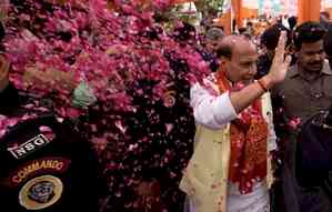 Union Minister Rajnath Singh files nomination from Lucknow, CMs Yogi, Dhami join roadshow