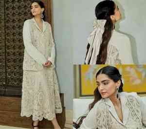 Sonam sets fashion goals in microbeads, intricate lacework outfit, matching hair bow