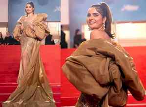 'Taarak Mehta' star Deepti Sadhwani shines in thigh-high slit gold sequin gown at Cannes