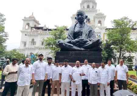 BRS MLAs submit petition at Gandhi statue over disqualification plea 