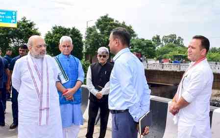 Amit Shah visits Jammu’s Tawi Bridge, Bikram Chowk to assess flood damage