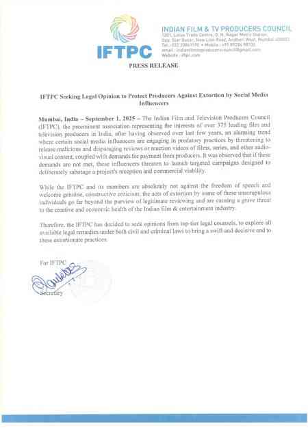 IFTPC raises concern against extortion by the social media influencers, seek legal opinion