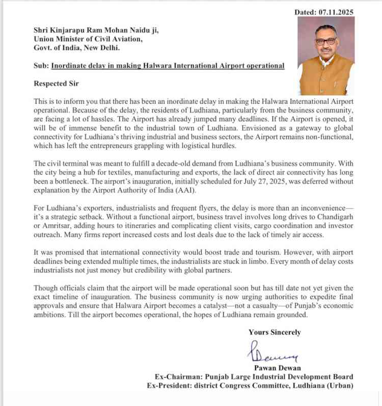 Pawan Dewan Urges Union Aviation Minister to Expedite Halwara International Airport Operations