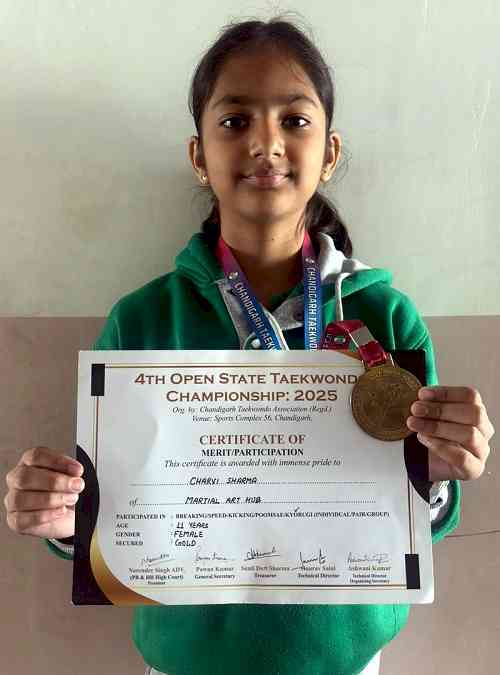 Delhi World Public School's Charvi Sharma Shines with Gold Medal in State Taekwondo Championship