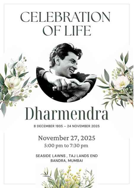 Late Dharmendra's prayer meet, “Celebration of Life”, to be held on Nov 27