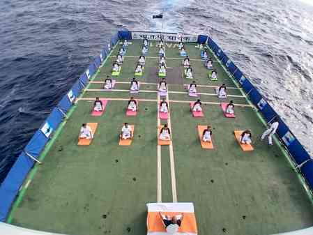 Personnel onboard ICG Ship Sarthak hold meditation session at Saudi Arabia's King Abdulaziz Port