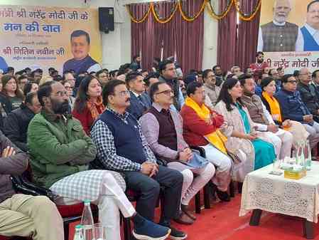 BJP National Working President Nitin Nabin listens to 'Mann Ki Baat' with Delhi leaders
