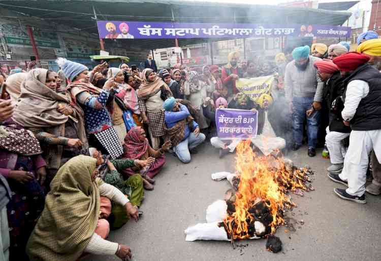 AAP Protests in Nabha Against Centre’s Dismantling of MGNREGA, Burns Effigy of PM Modi
