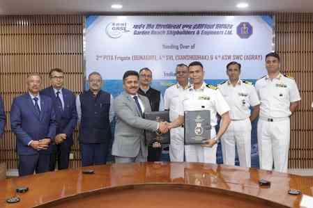 GRSE delivers three warships to Navy on single day