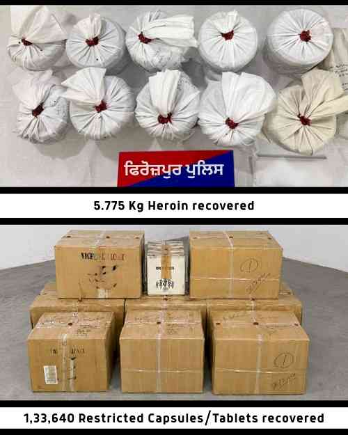 Three held with 5.7kg heroin, 1.33l intoxicant pills, 39 live cartridges in Ferozepur