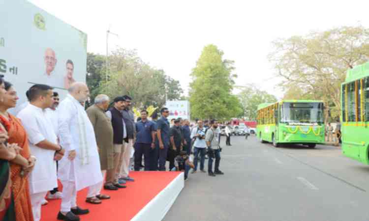 HM Amit Shah flags off 'PM eBus Sewa' in Gandhinagar, 40 electric buses begin operations