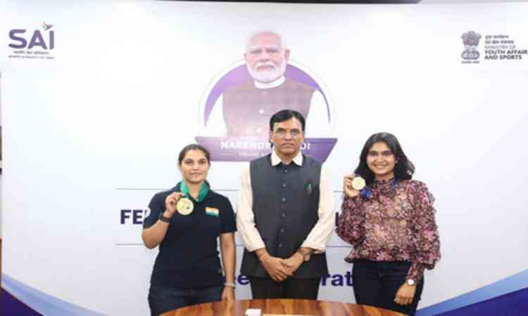 Sports Min Mandaviya felicitates ISSF World Cup gold medallists Esha Singh, Neeru Dhanda