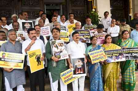 Karnataka BJP MLAs protest at Vidhana Soudha demanding Minister Nagendra’s sacking