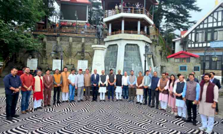 BJP lawmakers sing Vande Mataram before Mahatma Gandhi's statue in Shimla 