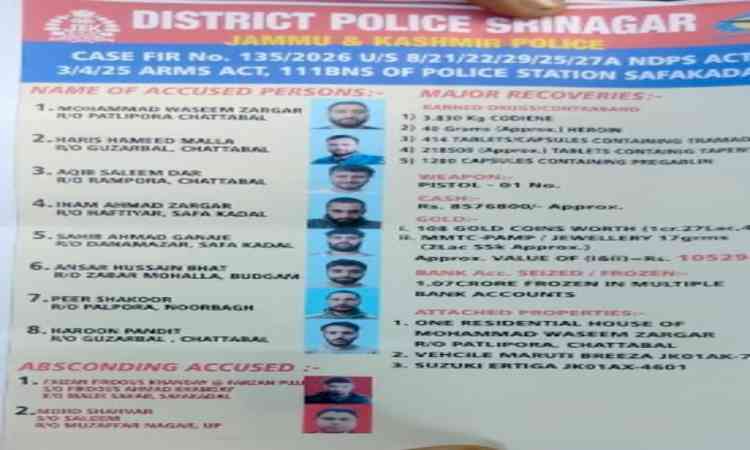 J&K Police bust narcotics module, 8 arrested; 85.76 lakh cash, gold worth 1.05 crore recovered