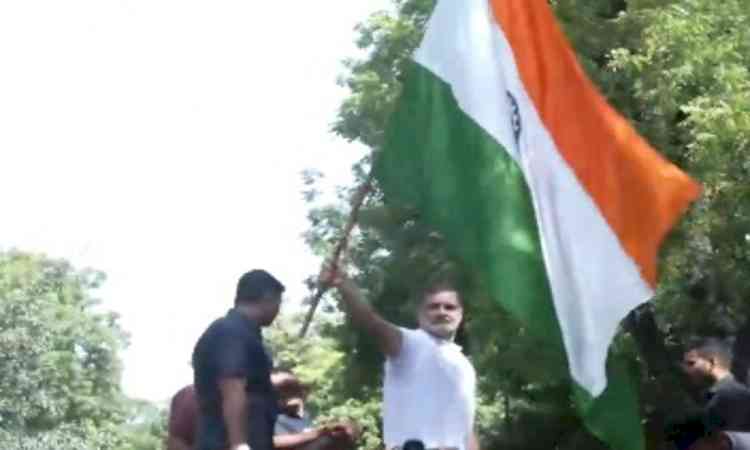 Rahul Gandhi climbs barricade, waves Tricolour during protest against CEC